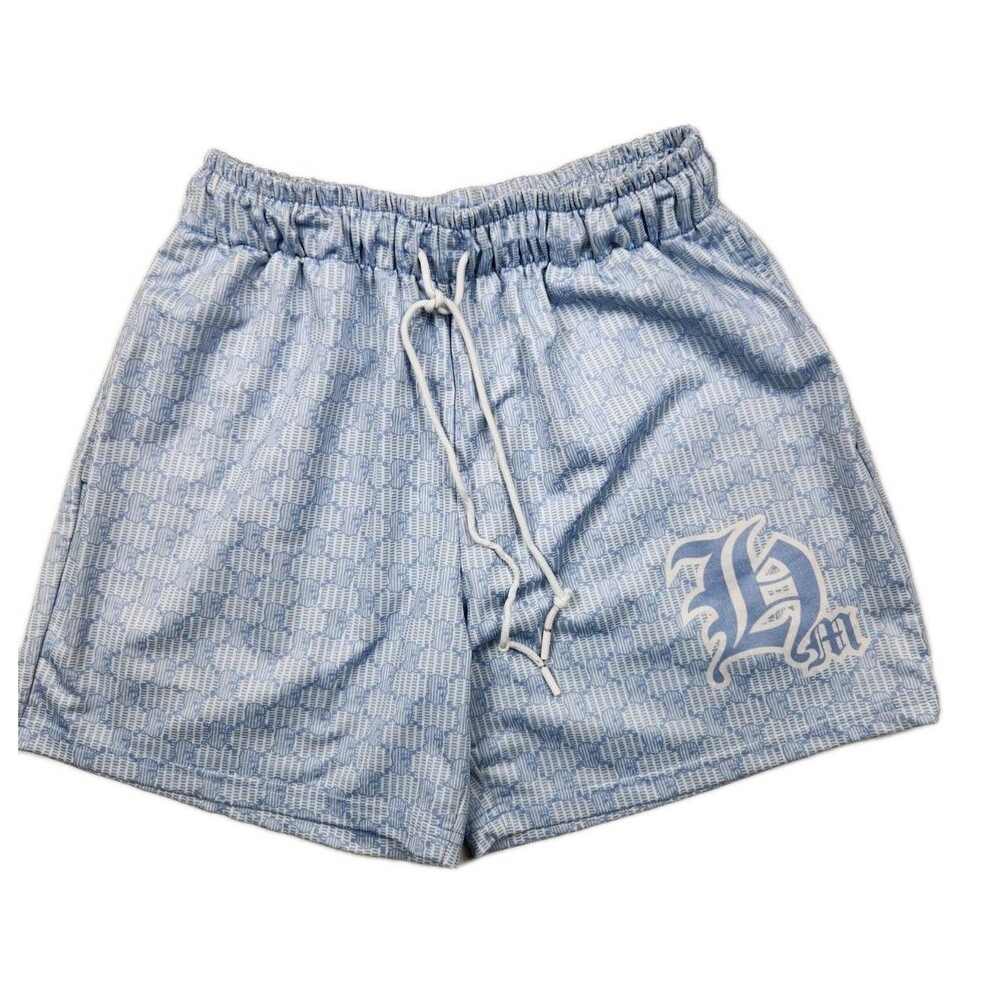 Hastamuerte Ski Mask Pattern Shorts Mens L Baby Blue Mesh Pockets Logo Stretch